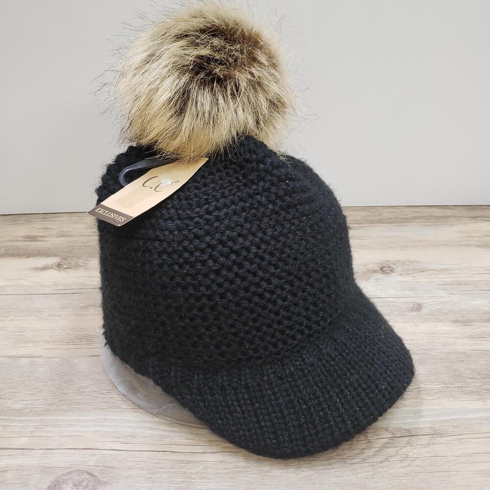 C.C Exclusives Knit Cap Beanie Hat Black Pom Short Bill Womens OS Winter Warm